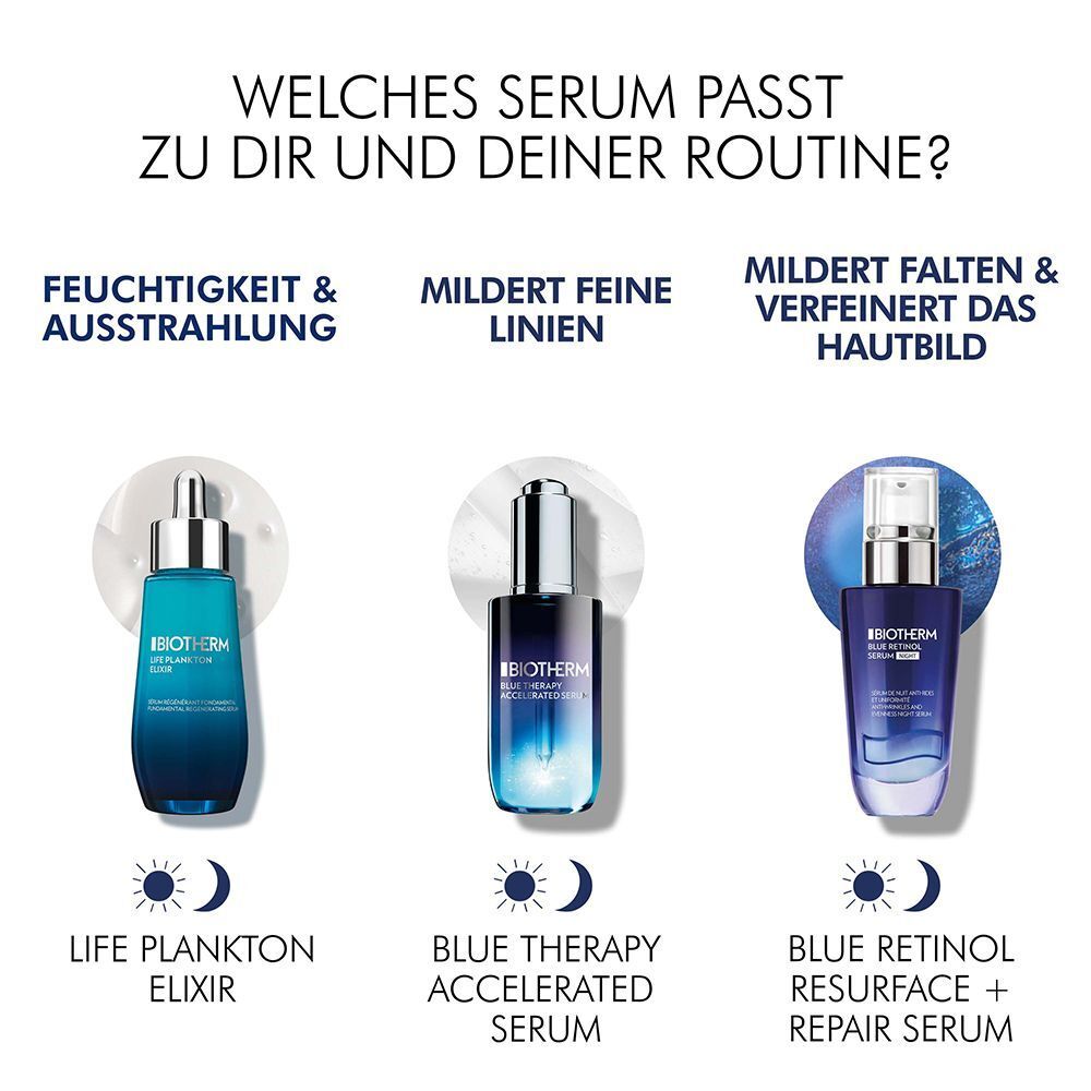 Drei Produkte nebeneinander. Text: Welches Serum passt zu dir? Produkte: Life Plankton Elixir, Blue Therapy, Blue Retinol.