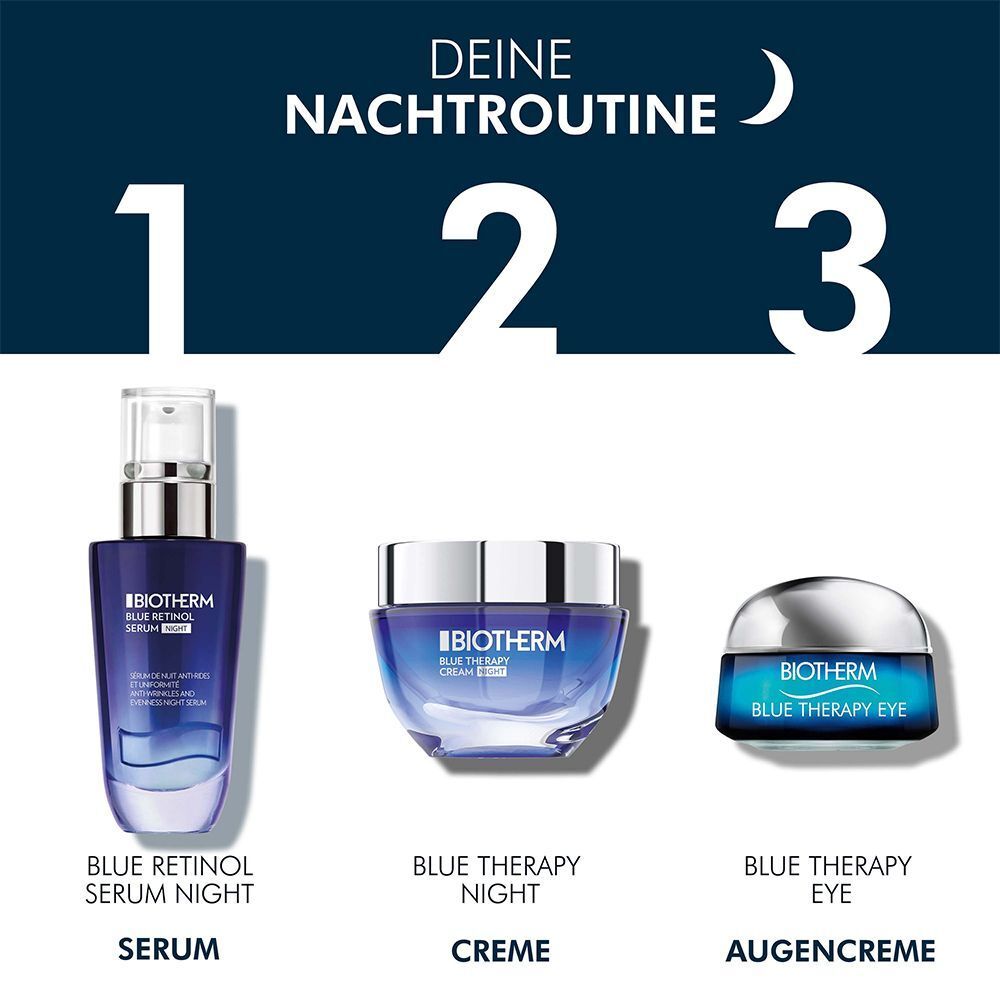 Drei Produkte in einer Nachtroutine. Produkte: Blue Retinol Serum Night, Blue Therapy Night Creme, Blue Therapy Eye.