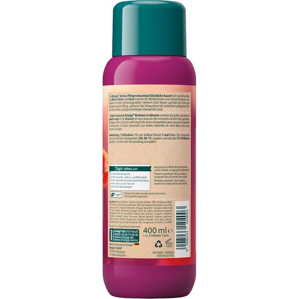 Rückseite einer Flasche Aroma-Pflegeschaumbad. Text in Deutsch, Informationen zu Inhaltsstoffen und Anwendung.