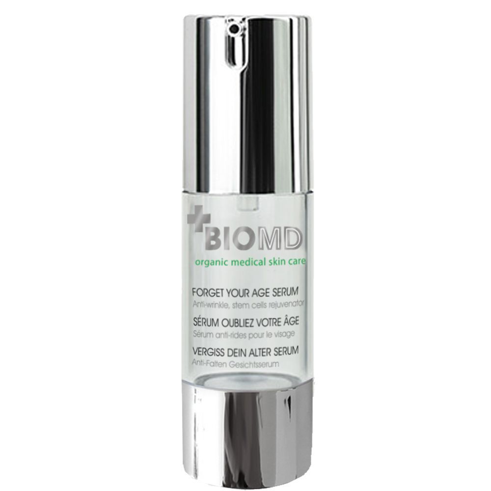 Zylindrische Flasche mit silberner Kappe. Aufschrift: BIOMD, Forget your age serum, Vergiss dein Alter Serum.