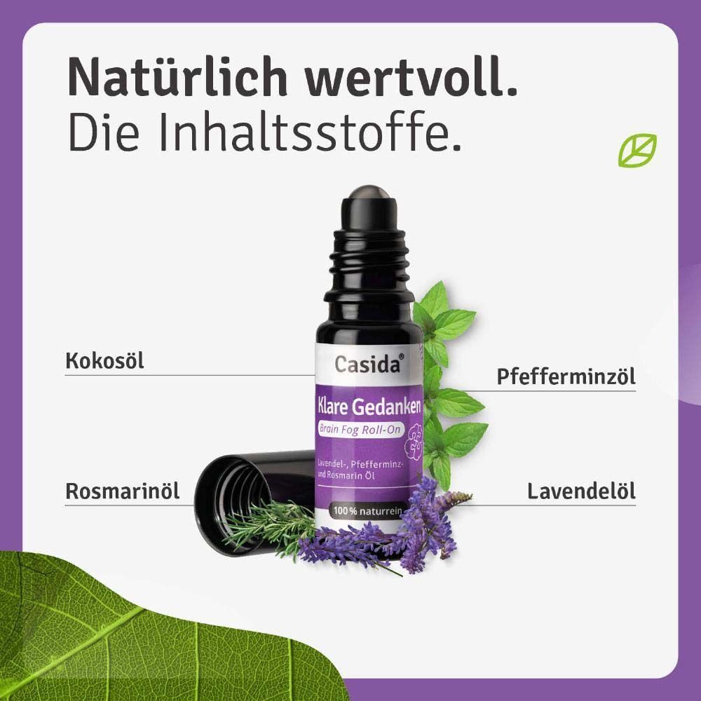 Roll-On-Flasche mit Zutaten. Aufschrift: Casida Klare Gedanken Brain Fog Roll-On. Zutaten: Kokosöl, Rosmarinöl, Pfefferminzöl, Lavendelöl.