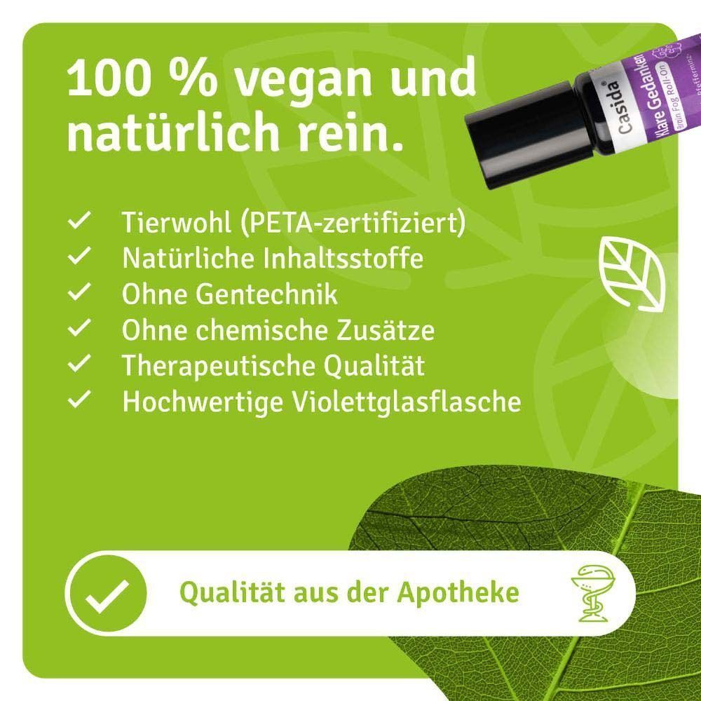 Roll-On-Flasche mit Text. Aufschrift: Casida Klare Gedanken Brain Fog Roll-On. Vegan, tierwohl, natürliche Inhaltsstoffe, ohne Gentechnik.