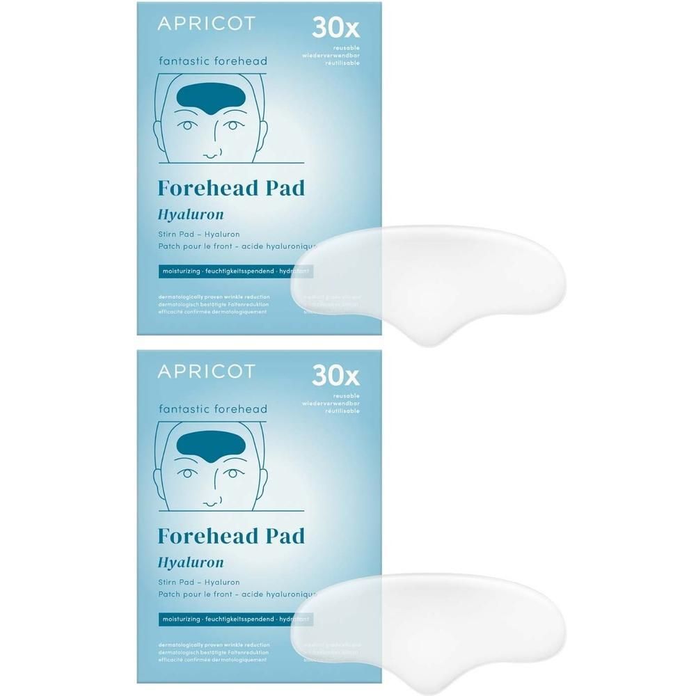 Zwei Packungen mit Stirn Pads. Jede Packung enthält 30 Pads. Die Pads sind transparent und haben eine spezielle Form.