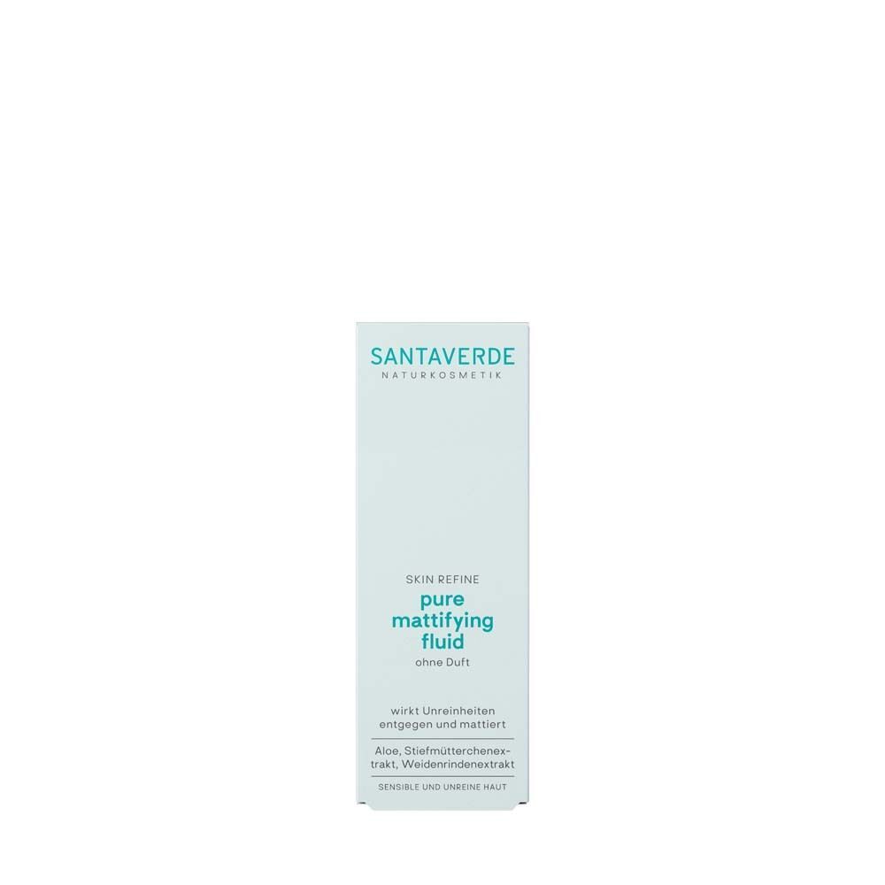 Verpackung SANTAVERDE mattifying fluid. Weiße Verpackung mit grüner Schrift. Aufschrift: pure mattifying fluid, ohne Duft. Inhaltsstoffe.