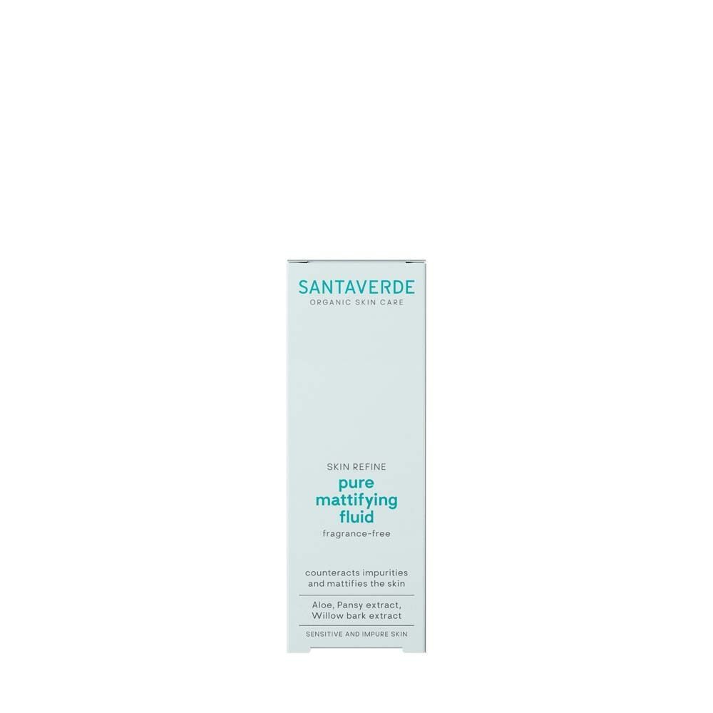 Verpackung SANTAVERDE mattifying fluid. Weiße Verpackung mit grüner Schrift. Aufschrift: pure mattifying fluid, ohne Duft. Inhaltsstoffe.