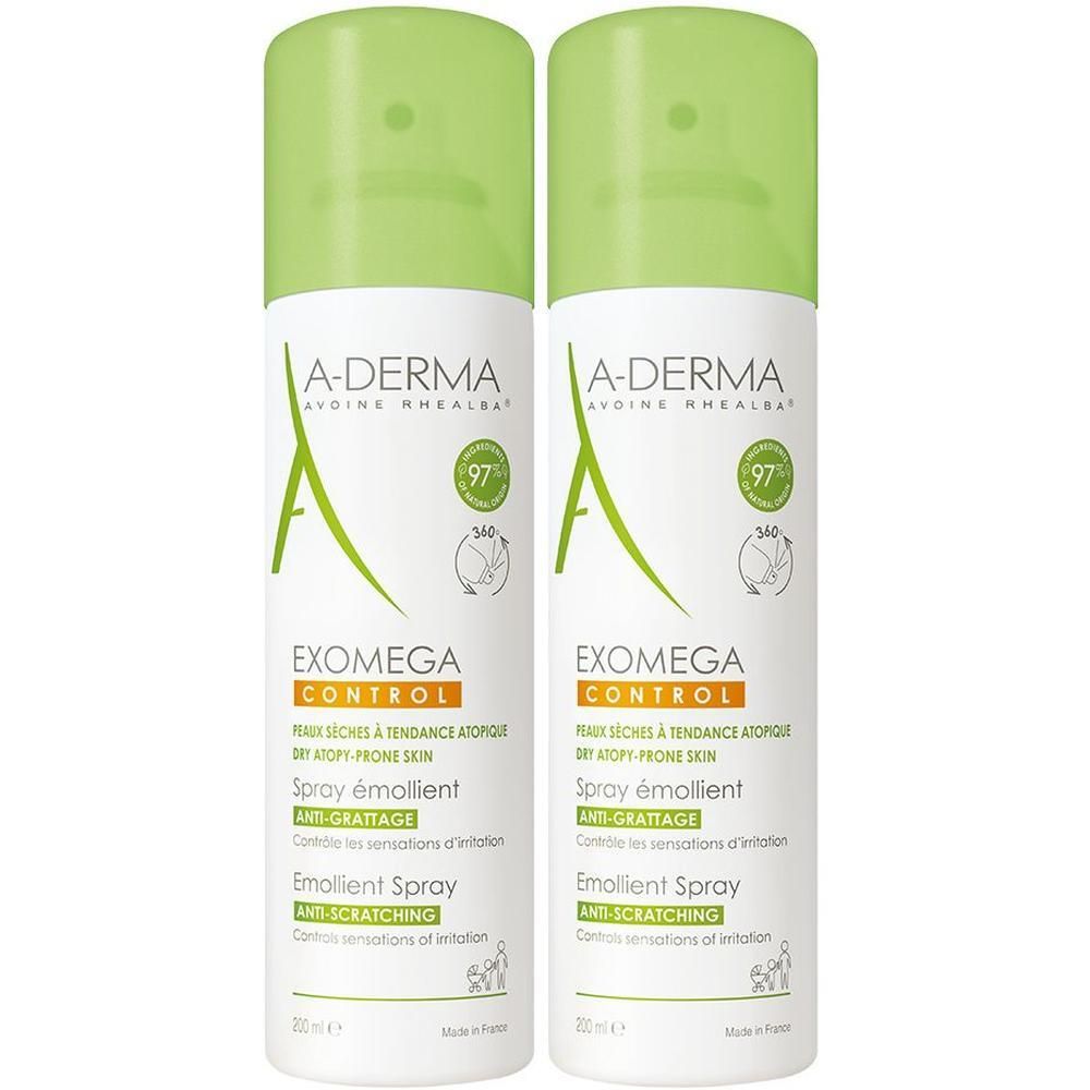 Zwei Sprays A-DERMA EXOMEGA CONTROL. Weiße Flaschen mit grünem Deckel. Logo und Produktbezeichnungen. 97% Inhaltsstoffe natürlichen Ursprungs.