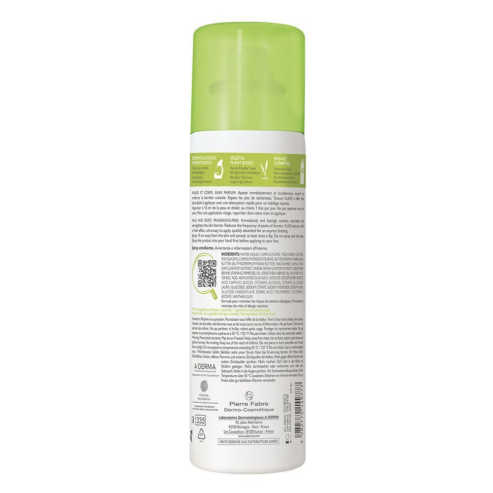 Rückseite einer A-DERMA EXOMEGA CONTROL Spray-Flasche. Text in mehreren Sprachen. QR-Code und Logos. Grüne und weiße Farbgebung.
