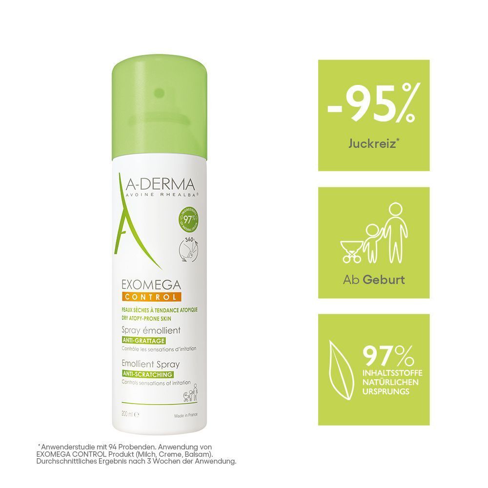 A-DERMA EXOMEGA CONTROL Spray. Weiße Flasche mit grünem Deckel. Logos und Text. 95% Juckreizreduktion. Ab Geburt. 97% natürliche Inhaltsstoffe.