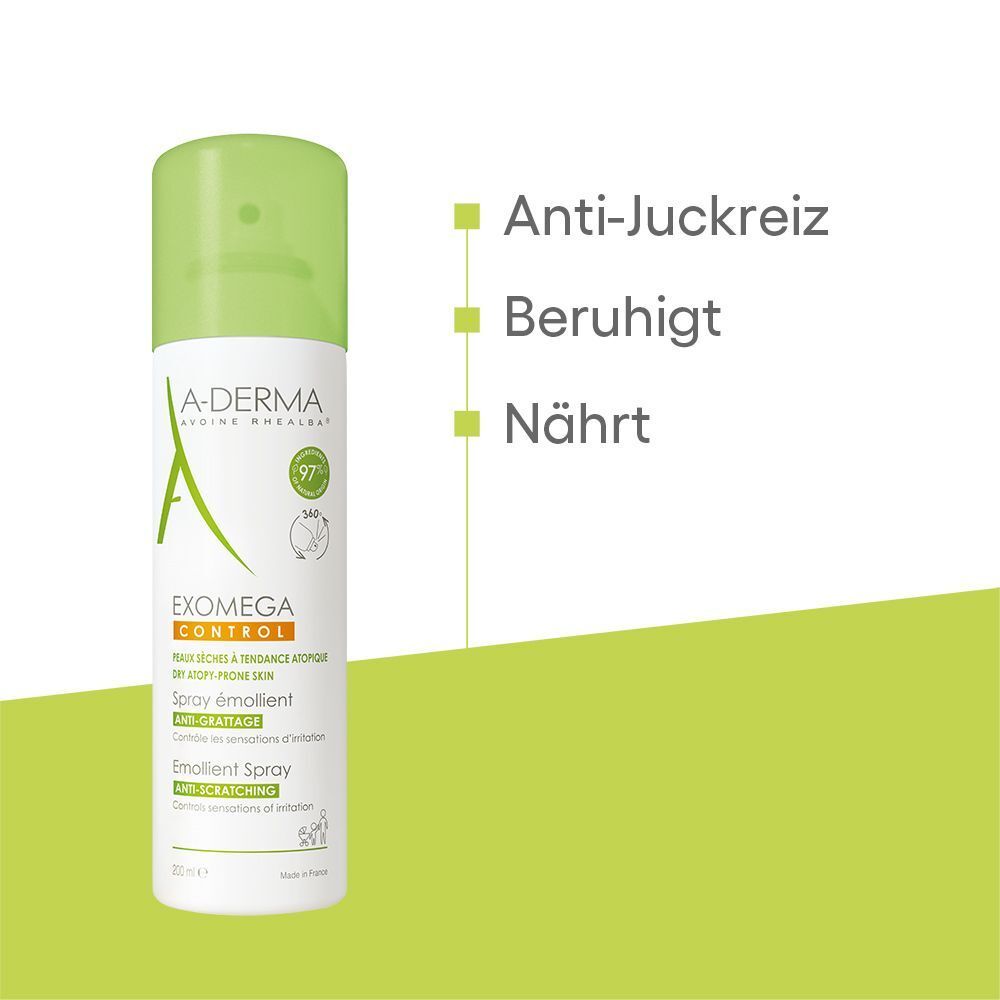 A-DERMA EXOMEGA CONTROL Spray. Weiße Flasche mit grünem Deckel. Text: Anti-Juckreiz, Beruhigt, Nährt. Grüner Hintergrund.