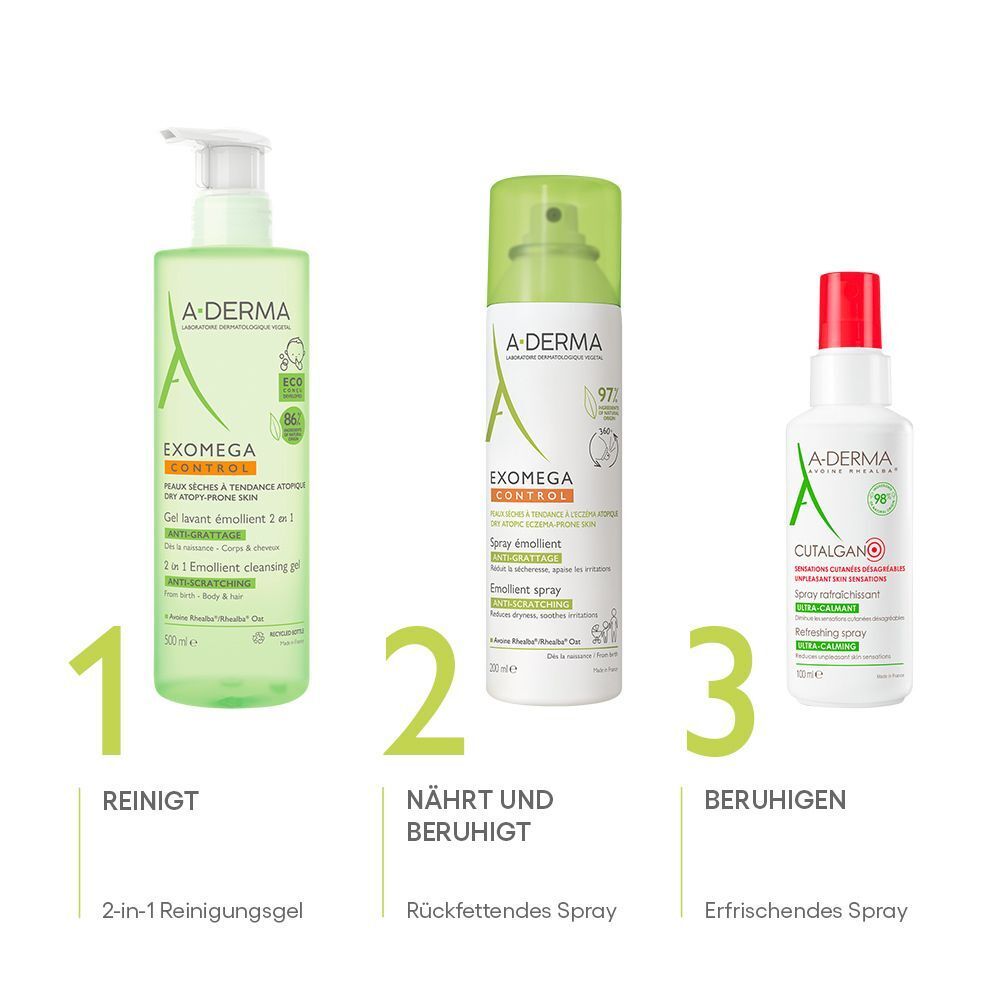 Drei A-DERMA Produkte: 1. 2-in-1 Reinigungsgel. 2. EXOMEGA CONTROL Spray. 3. Cicalfate+ Spray. Beschriftung: Reinigt, Nährt und beruhigt, Beruhigen.