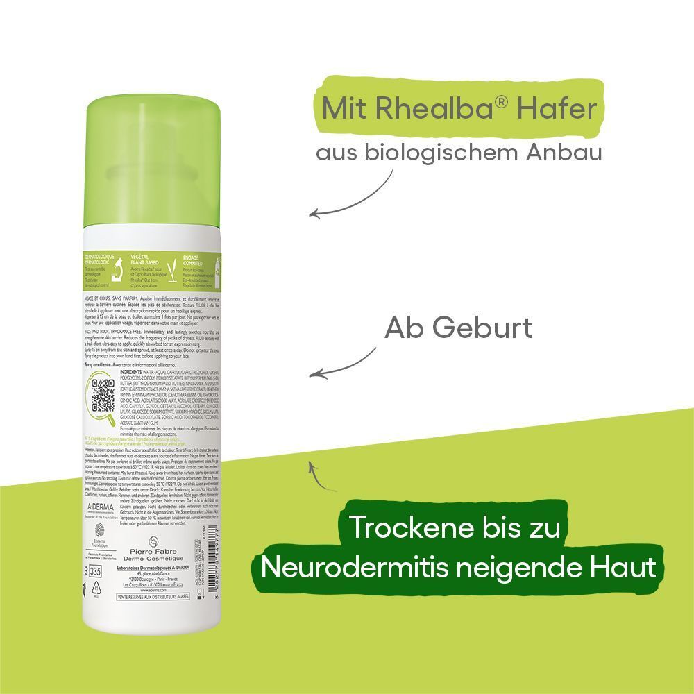 Rückseite einer A-DERMA EXOMEGA CONTROL Spray-Flasche. Text: Mit Rhealba Hafer aus biologischem Anbau. Ab Geburt. Für zu Neurodermitis neigende Haut.