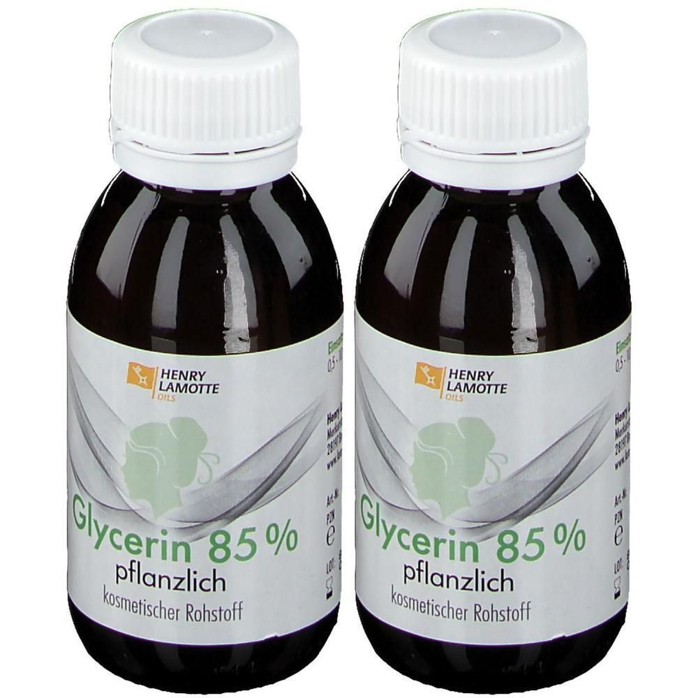 Zwei Flaschen mit weißem Deckel. Auf dem Etikett steht "Glycerin 85% pflanzlich" und der Markenname HENRY LAMOTTE OILS.