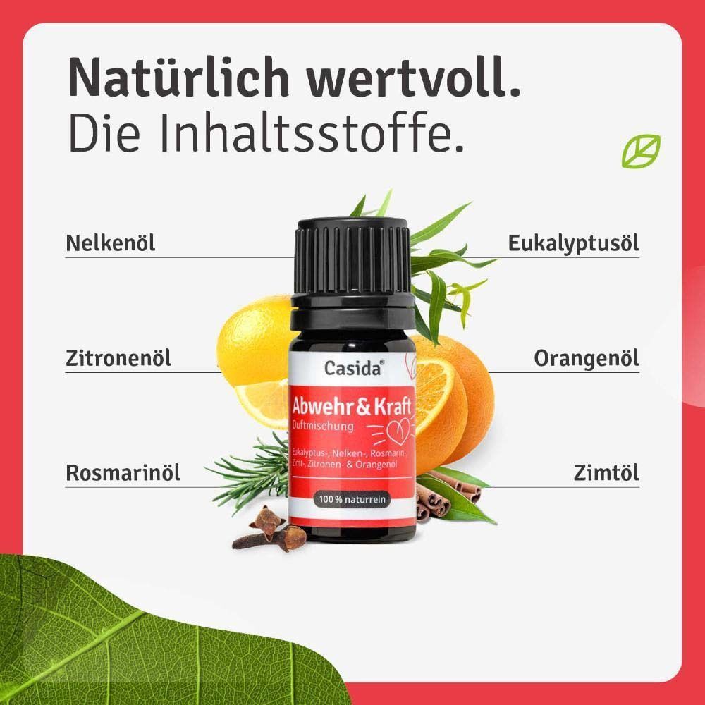 Flasche ABWEHR & KRAFT Duftmischung. Zutaten: Nelkenöl, Zitronenöl, Rosmarinöl, Eukalyptusöl, Orangenöl, Zimtöl.