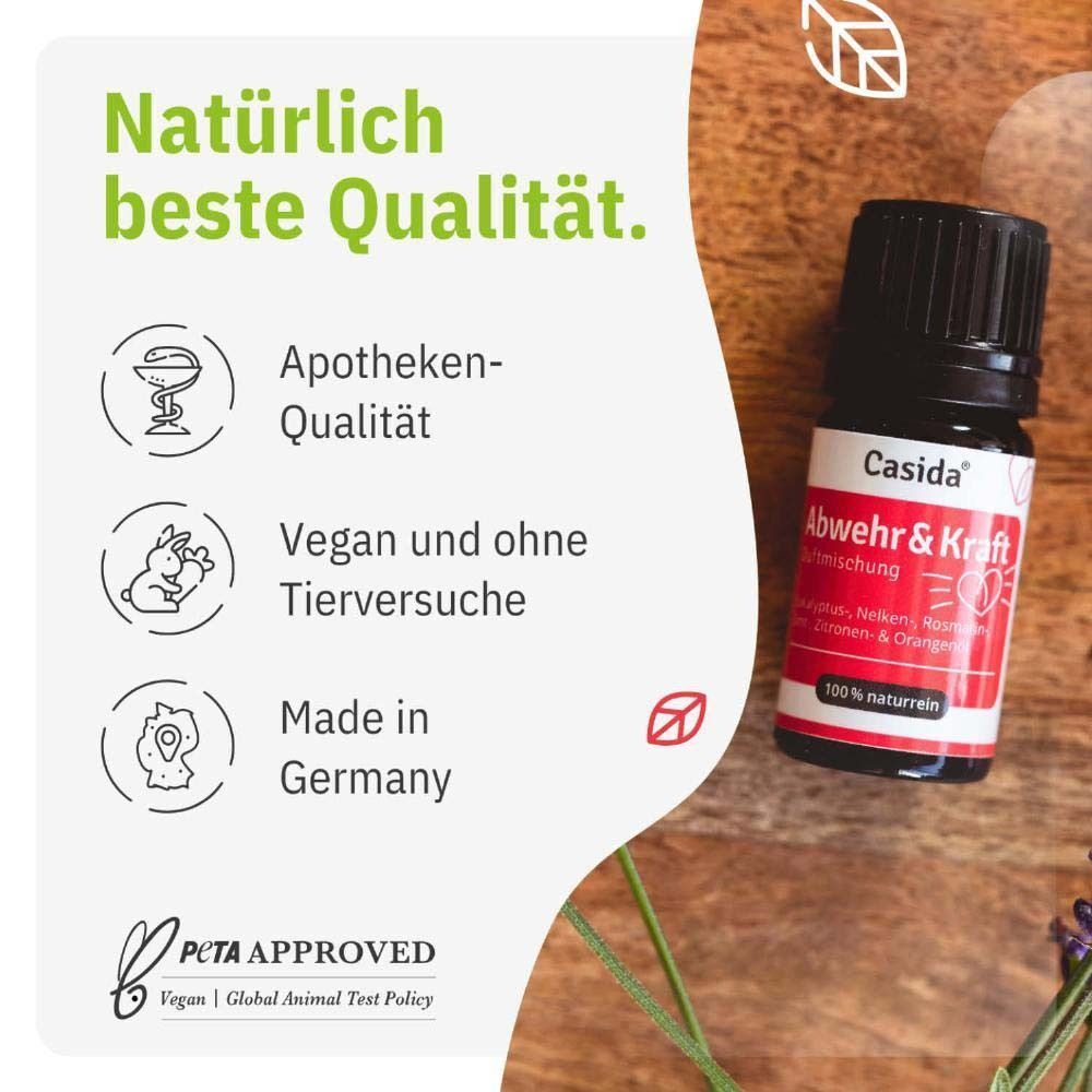 Flasche ABWEHR & KRAFT Duftmischung. Apotheken-Qualität, vegan, ohne Tierversuche, Made in Germany. PETA-Siegel.