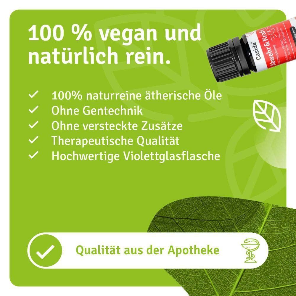 Flasche ABWEHR & KRAFT Duftmischung. 100% vegan und natürlich rein. Ätherische Öle, ohne Gentechnik, ohne Zusätze.
