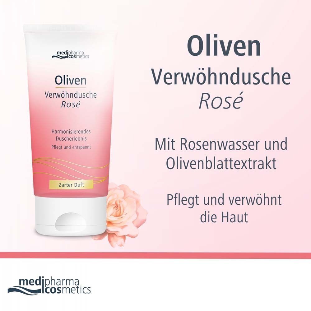 Tube Oliven Verwöhndusche Rosé. Weiß-rosa Tube. Text: medipharma cosmetics, Oliven, Zarter Duft. Rose und Text auf rosa Hintergrund.