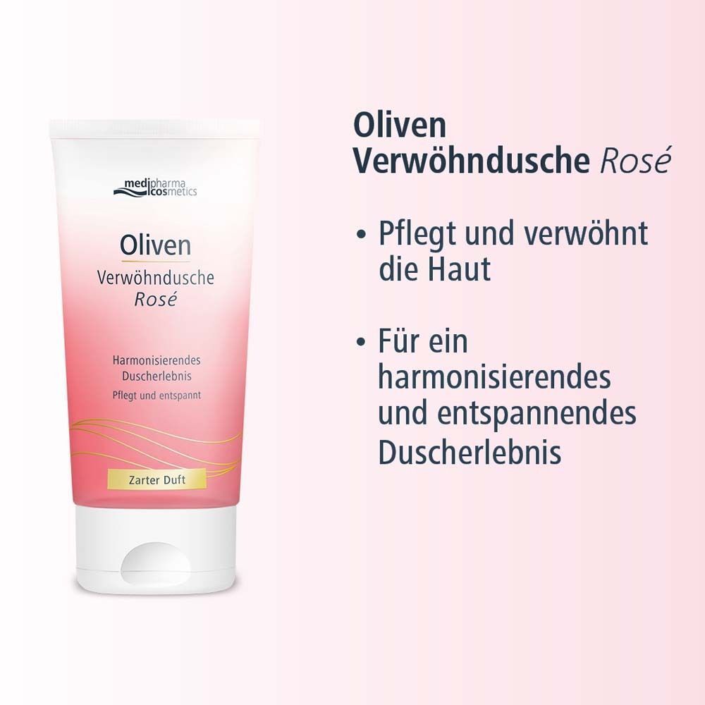 Tube Oliven Verwöhndusche Rosé. Weiß-rosa Tube. Text: medipharma cosmetics, Oliven, Zarter Duft. Text auf rosa Hintergrund.