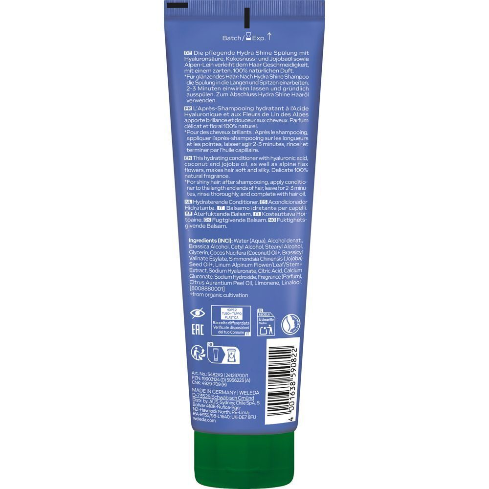 Rückseite der Weleda Hydra Shine Pflege Spülung. Blaue Tube mit grünem Verschluss. Text: Inhaltsstoffe, Anwendungshinweise, Zertifizierungen.