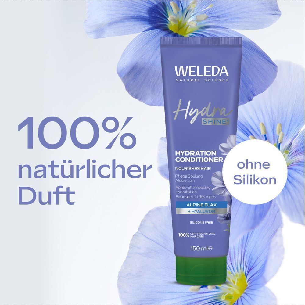 Weleda Hydra Shine Pflege Spülung. Blaue Tube mit grünem Verschluss. Text: Hydra Shine, Alpine Flax + Hyaluron, ohne Silikon, 150 ml.