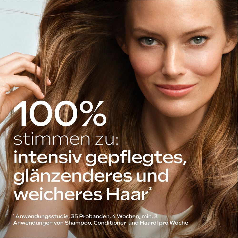 Frau mit glänzendem Haar. Text: 100% stimmen zu: intensiv gepflegtes, glänzenderes und weicheres Haar. Anwendungsstudie.