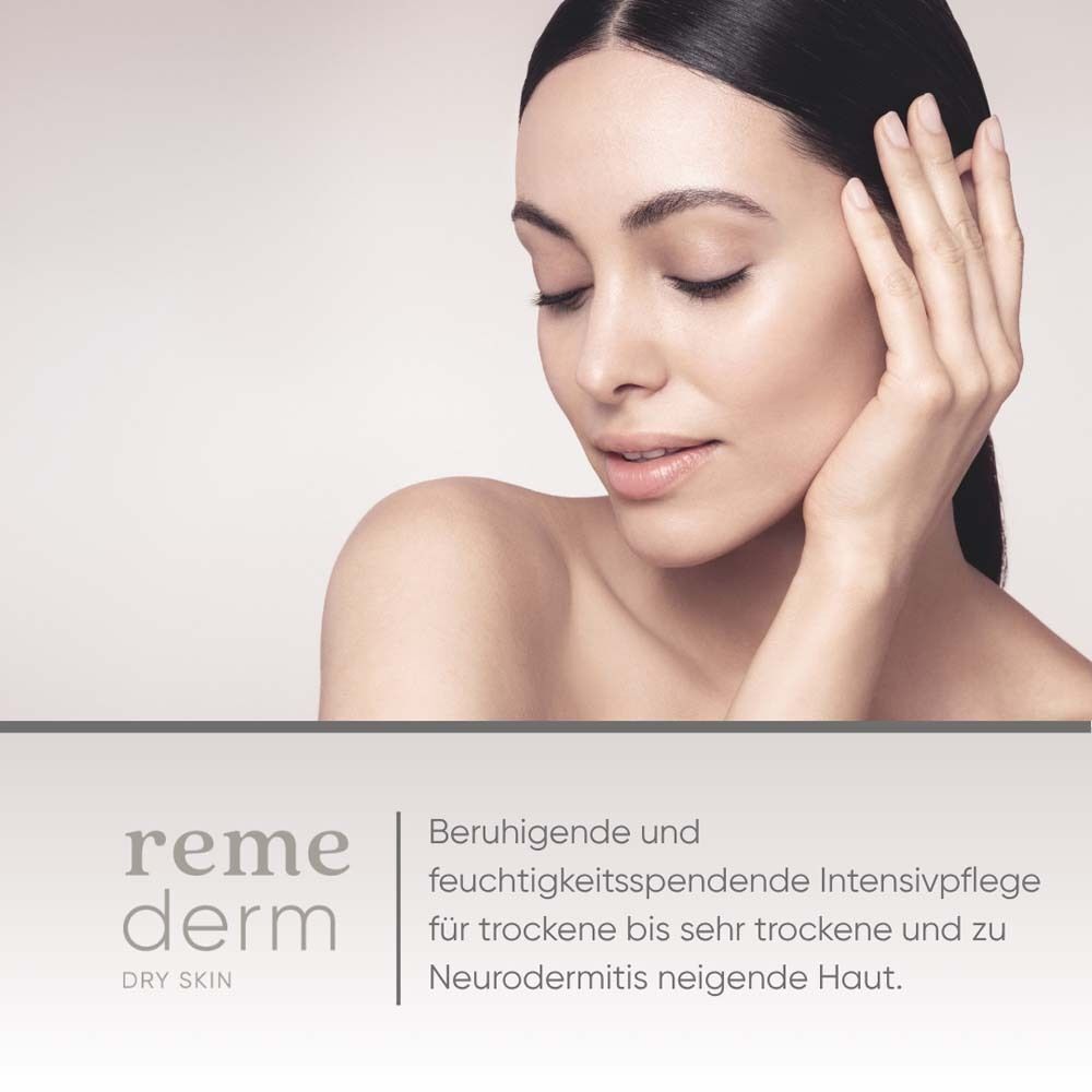 Frau berührt Gesicht. Text: "reme derm dry skin". Beruhigende Intensivpflege für trockene Haut.