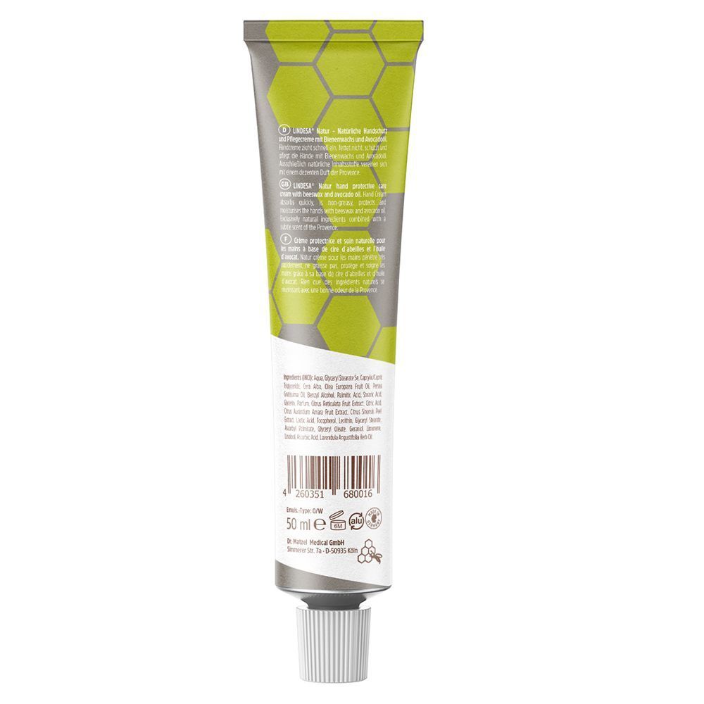 Rückseite der Creme-Tube. Grün-weißes Design mit Text und Barcode. 50 ml.