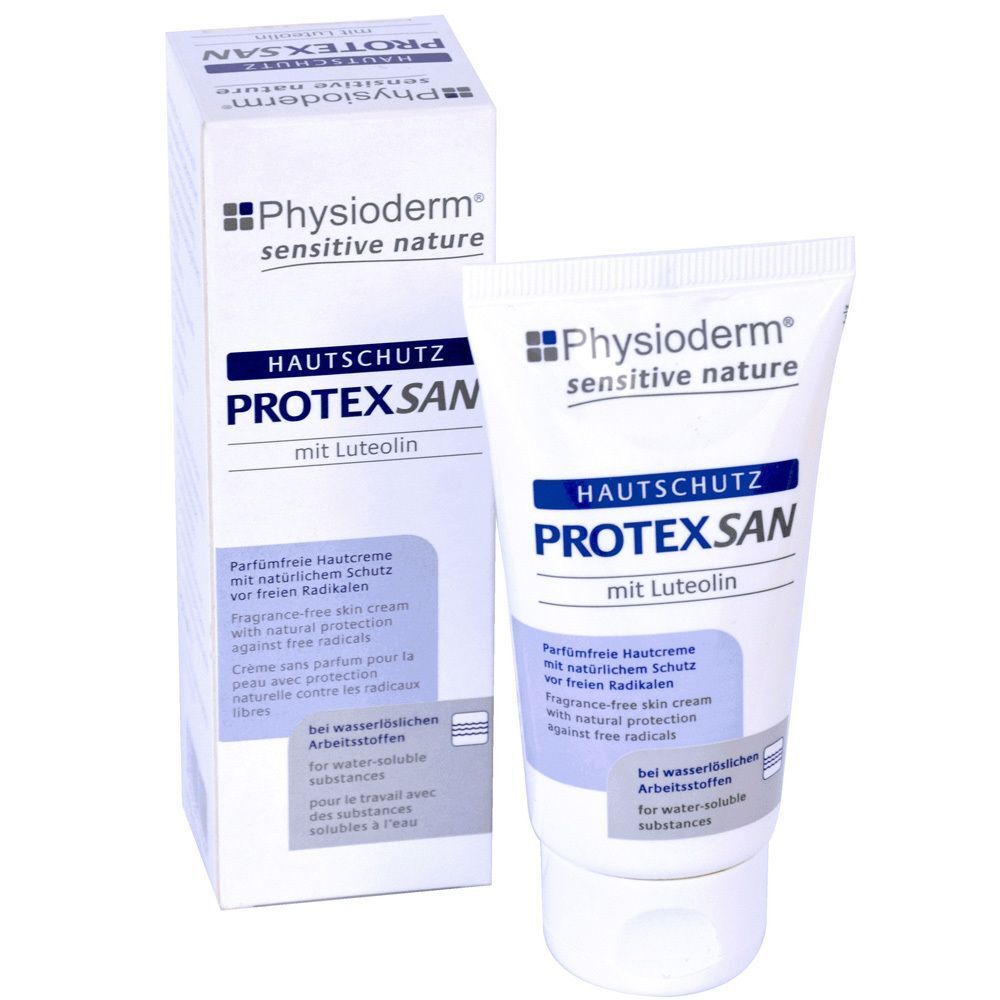 PROTEXSAN Hautschutzcreme-Tube und Karton. Weiß, mit blauer Schrift. Enthält Luteolin. Frei von Duftstoffen. Für wasserlösliche Arbeitsstoffe.