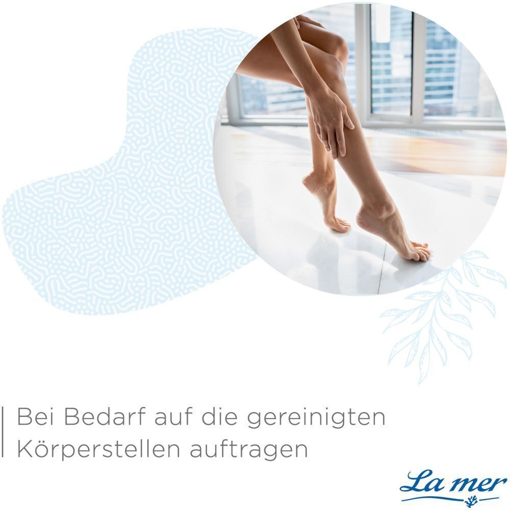 Beine einer Person. Aufschrift: Bei Bedarf auf die gereinigten Körperstellen auftragen. La mer Logo.