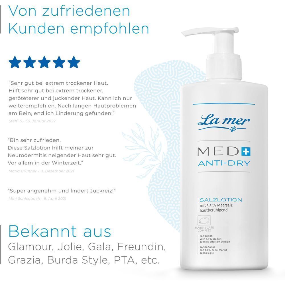Weiße Flasche mit Pumpverschluss. Aufschrift: La mer MED+ ANTI-DRY Salzlotion. Kundenbewertungen.
