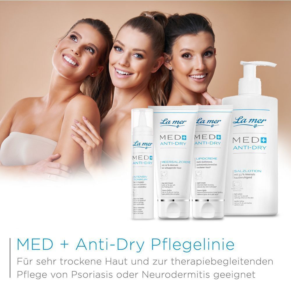 Mehrere Produkte der MED+ Anti-Dry Pflegelinie. Drei Frauen lächeln. Aufschrift: MED+ Anti-Dry Pflegelinie.