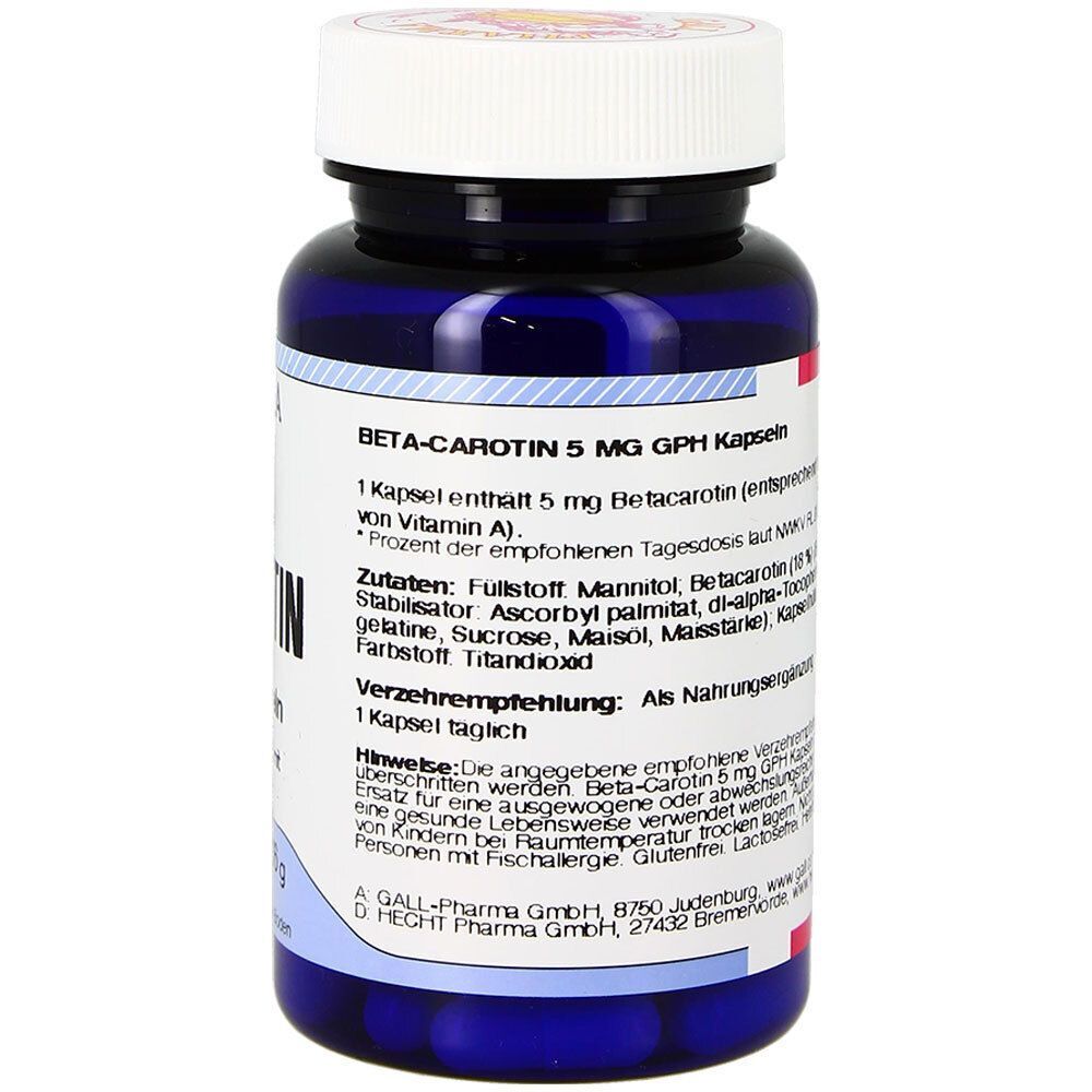 Blaue Flasche mit weißem Deckel. Aufschrift: Beta-Carotin 5 mg GPH Kapseln. Zutatenliste und Verzehrempfehlung.