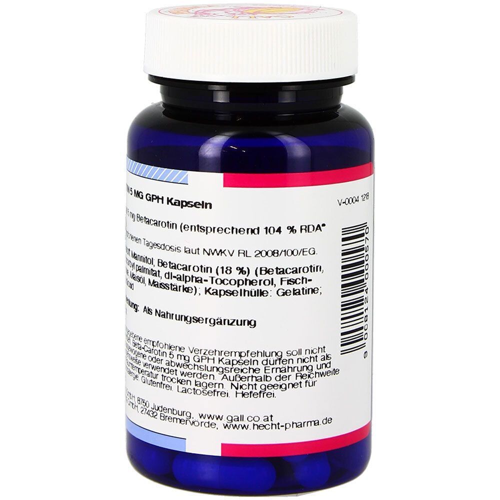 Blaue Flasche mit weißem Deckel. Aufschrift: Beta-Carotin 5 mg GPH Kapseln. Rückseite mit Informationen.