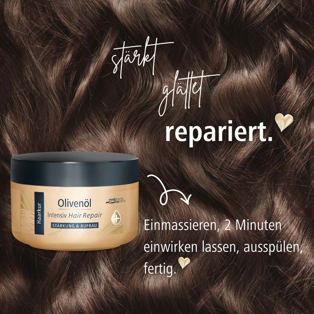 Ein goldfarbener Tiegel mit schwarzem Deckel. Aufschrift: Olivenöl Intensiv Hair Repair Haarkur. Text: stärkt, glättet, repariert.