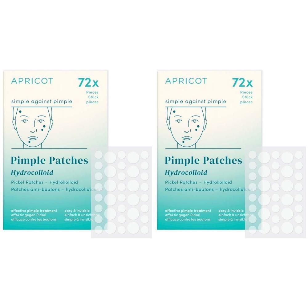 Zwei Packungen mit Pickel Patches. Auf jeder Packung steht "APRICOT", "72x", und "Pimple Patches". Daneben liegen zwei Blätter mit runden Patches.
