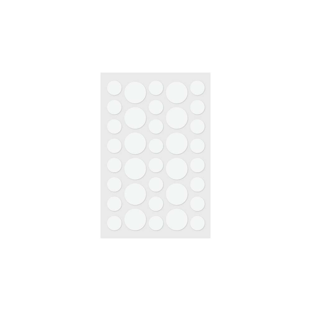 Ein Blatt mit runden, transparenten Pickel Patches. Die Patches sind in verschiedenen Größen angeordnet.