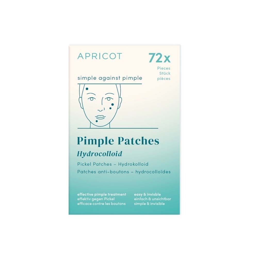 Eine Packung Pickel Patches mit der Aufschrift "APRICOT", "72x" und "Pimple Patches". Auf der Packung ist ein Gesicht mit Pickeln abgebildet.