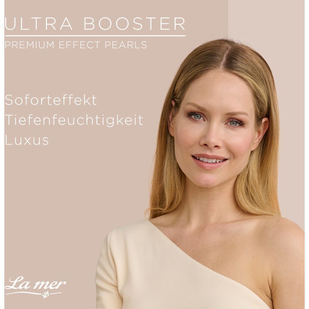 Frau mit blonden Haaren. Text: Ultra Booster Premium Effect Pearls. Soforteffekt, Tiefenfeuchtigkeit, Luxus. La mer Logo.