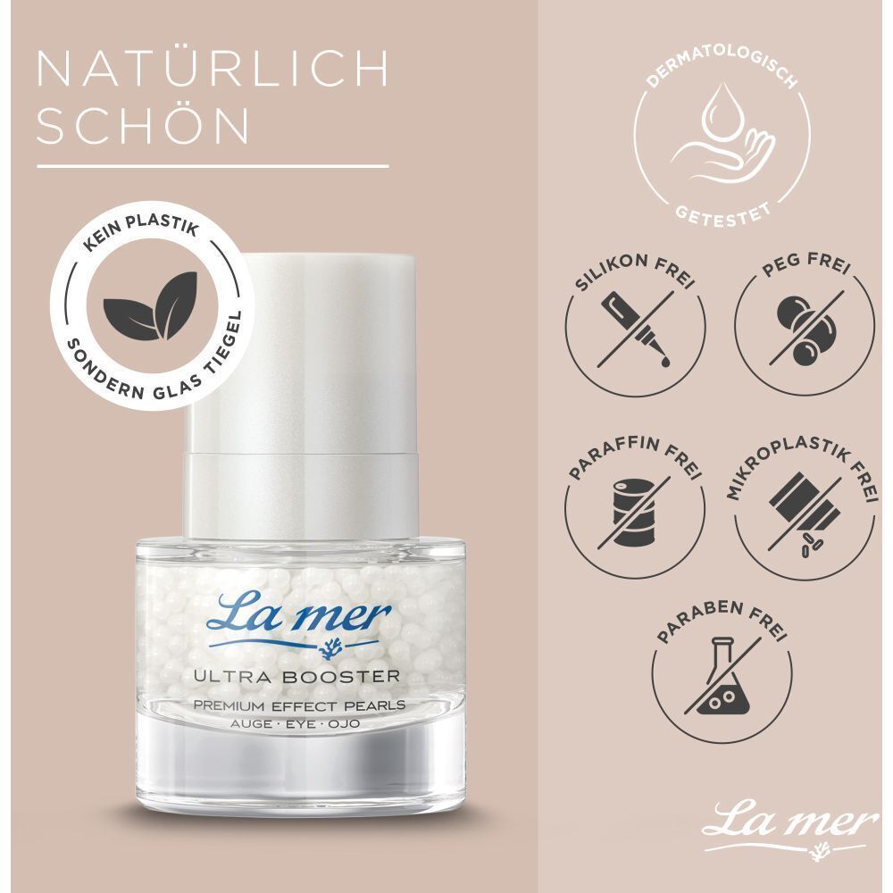 Produkt La mer Ultra Booster Premium Effect Pearls Auge. Glasflakon. Zeichen: Kein Plastik, Silikonfrei, PEG-frei, Paraffinfrei, Mikroplastikfrei.