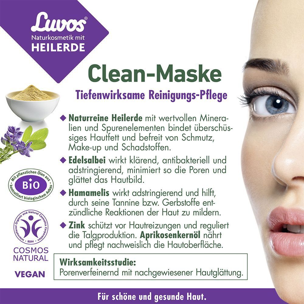 LUVOS Clean-Maske. Lila Verpackung mit Logo und Text. Text und Illustrationen. Teilansicht eines Gesichts.