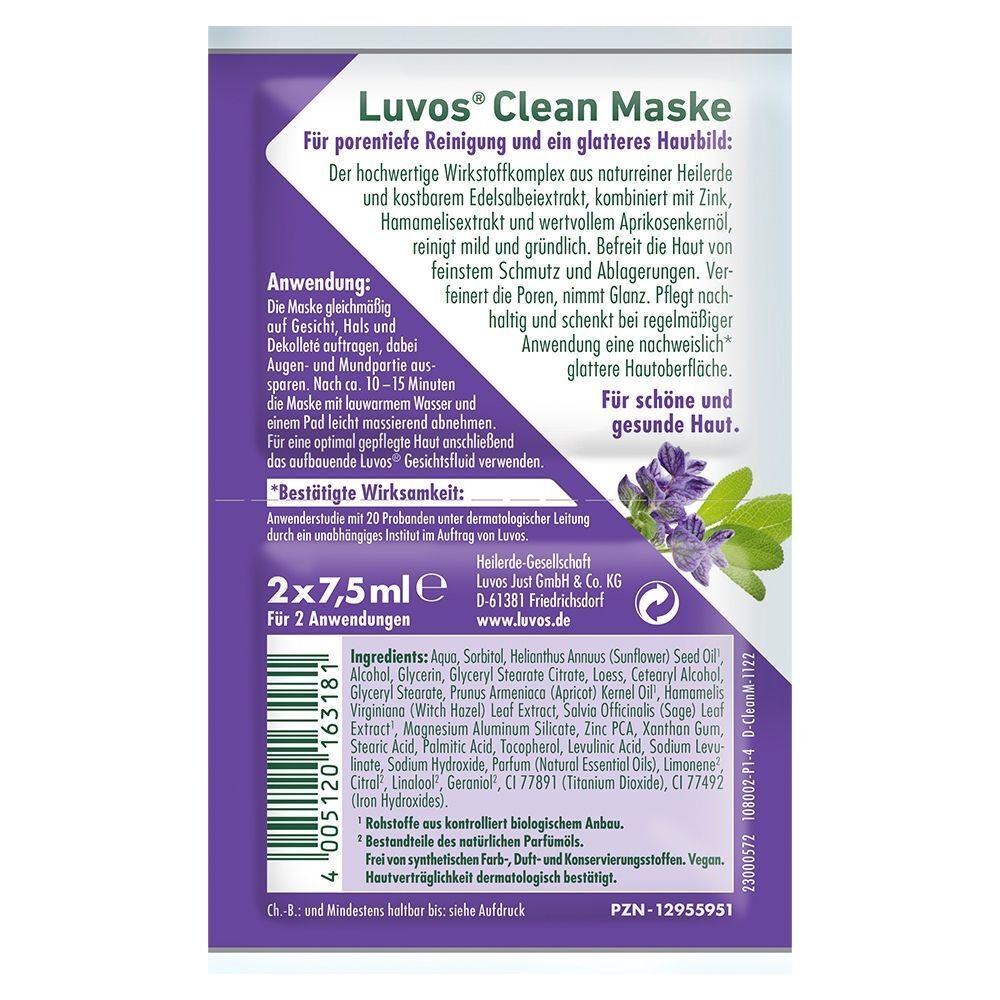 Rückseite der LUVOS Clean-Maske Packung. Lila Verpackung mit Text und Logo. Inhaltsstoffe und Anwendungshinweise.