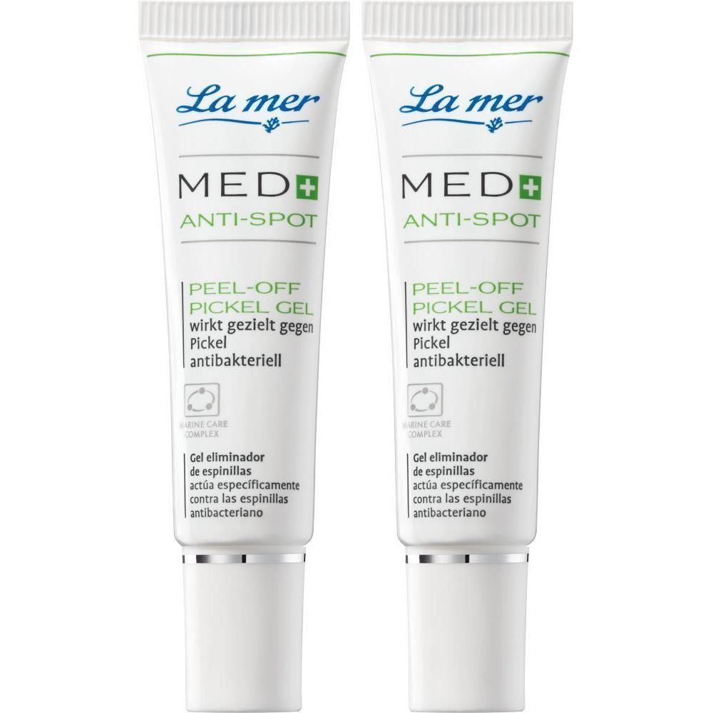 Zwei Tuben LA MER MED+ Anti-Spot Peel-off Pickel Gel. Weiße Tuben mit blauer und grüner Schrift. Produktname und Logo deutlich sichtbar.