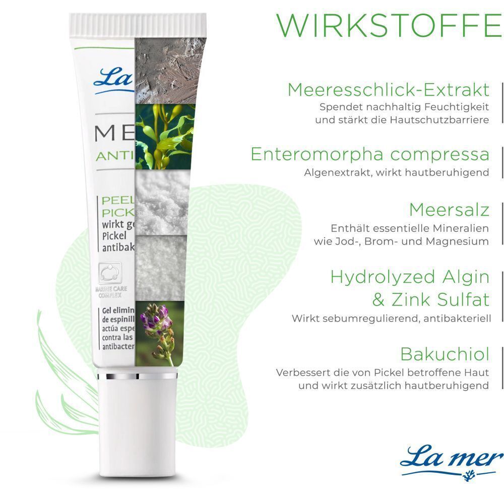 Produkt-Tube LA MER MED+ Anti-Spot. Grafische Darstellung der Inhaltsstoffe: Meeresschlick-Extrakt, Enteromorpha compressa, Meersalz, etc.