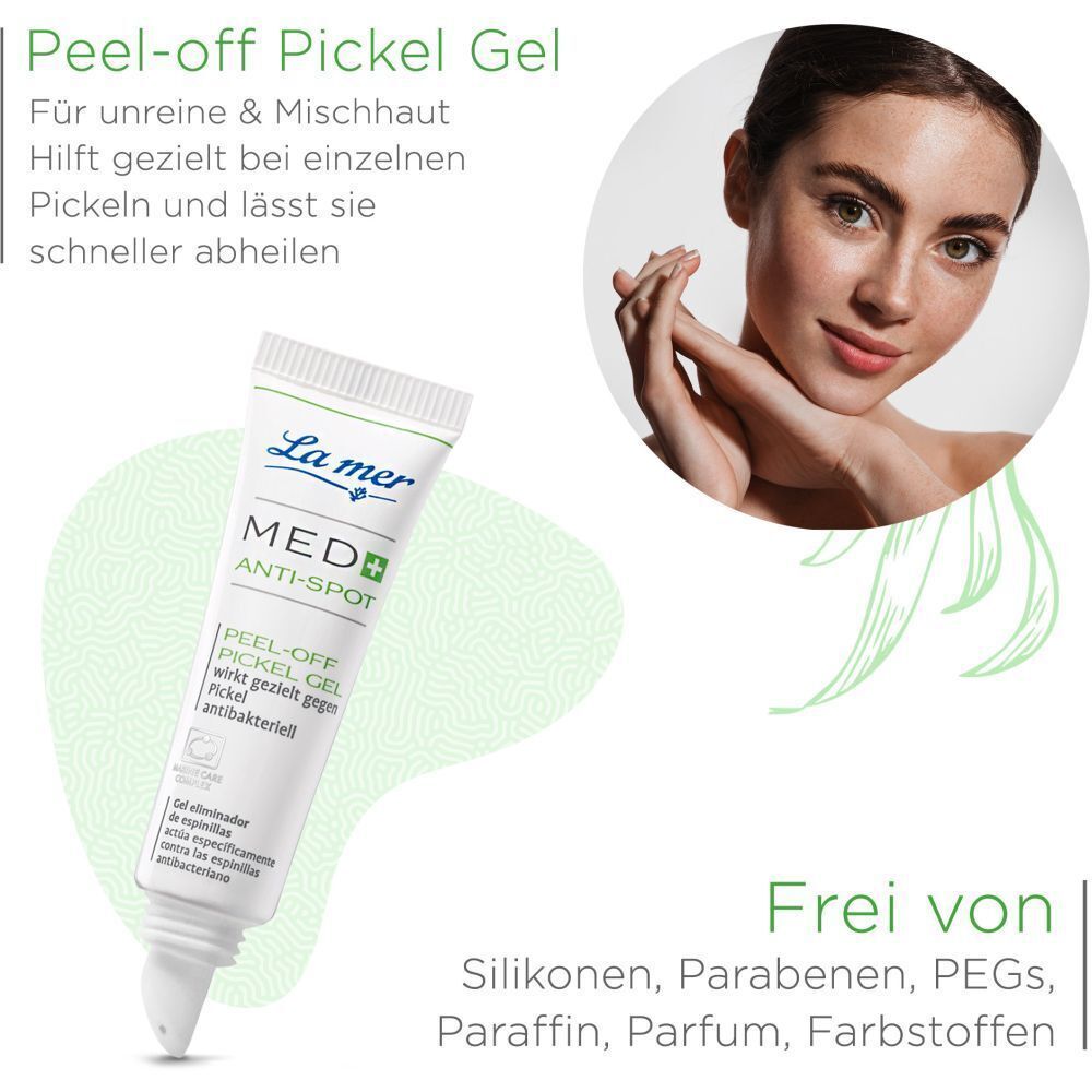 LA MER MED+ Anti-Spot Peel-off Pickel Gel. Produkt-Tube neben einer Frau. Text: Für unreine & Mischhaut. Frei von Silikonen, Parabenen, etc.