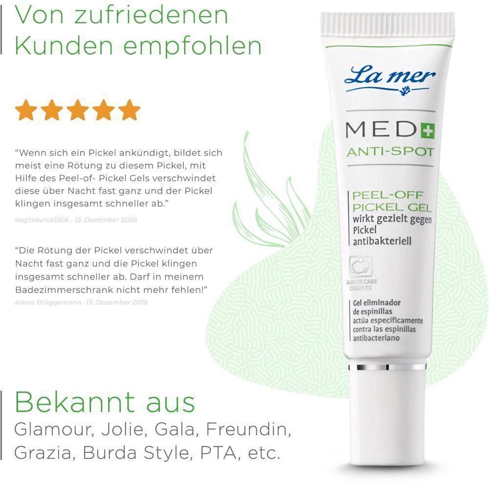 LA MER MED+ Anti-Spot Peel-off Pickel Gel. Produkt-Tube mit Kundenbewertungen. Text: Von zufriedenen Kunden empfohlen. Bekannt aus...