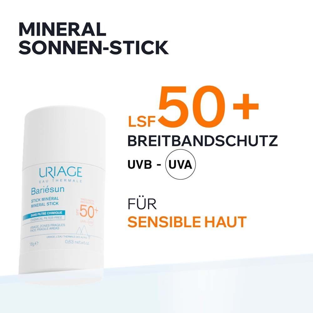 Weißer Stick mit blauer Schrift. Aufschrift: Uriage, Bariésun, Mineral Stick SPF 50+. Für sensible Haut. UVB-UVA Schutz.