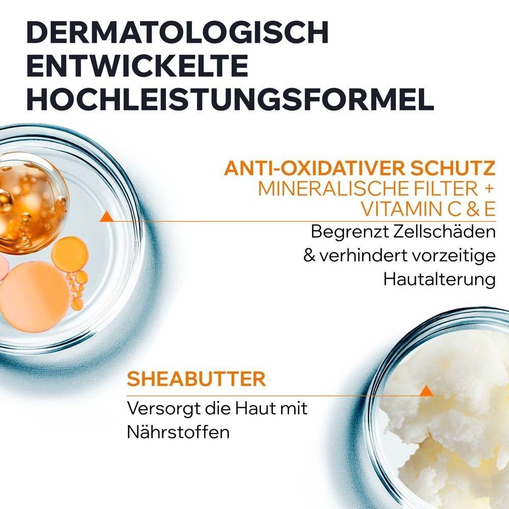 Abbildung von Inhaltsstoffen. Text: Anti-oxidativer Schutz + Mineralischer Filter + Vitamin C & E. Sheabutter. Versorgt die Haut.