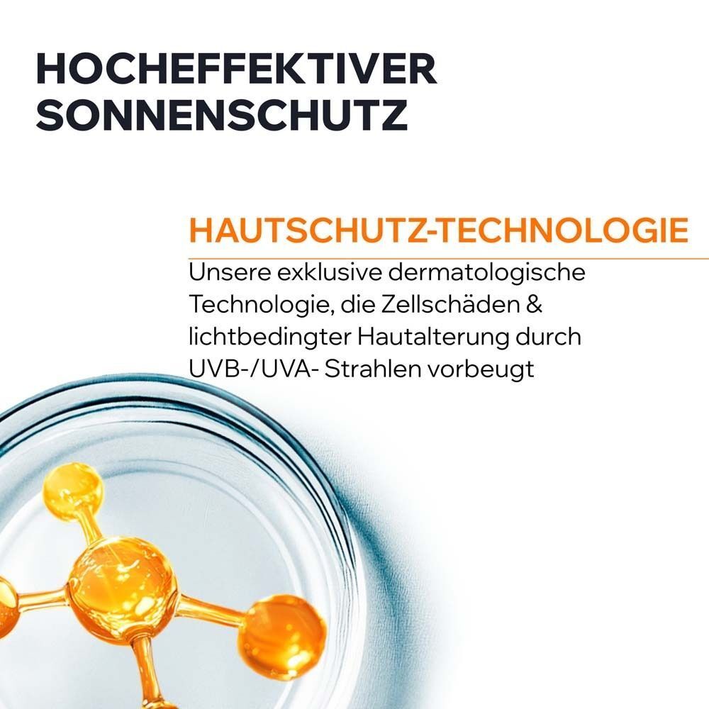 Abbildung einer chemischen Struktur. Text: Hoch effektiver Sonnenschutz. Hautschutz-Technologie. Vorbeugung von Zellschäden.