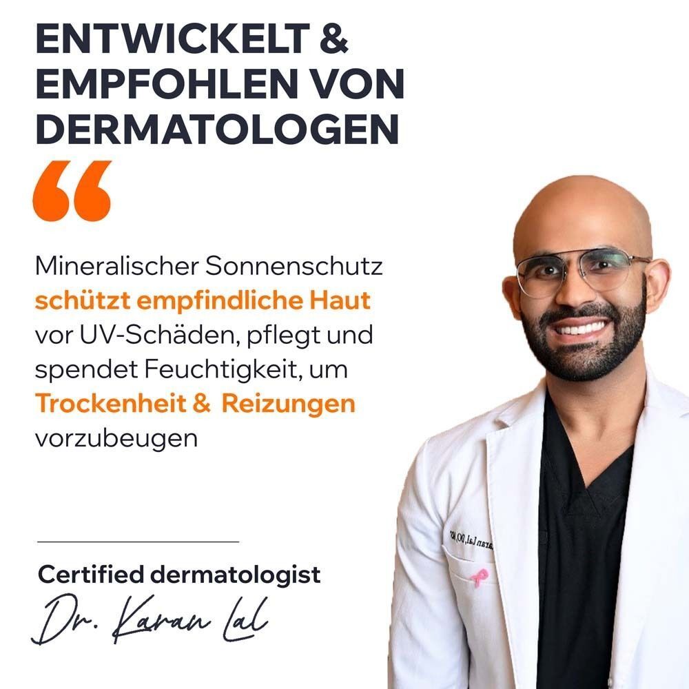 Arzt im weißen Kittel. Text: Entwickelt & empfohlen von Dermatologen. Mineralischer Sonnenschutz schützt empfindliche Haut.