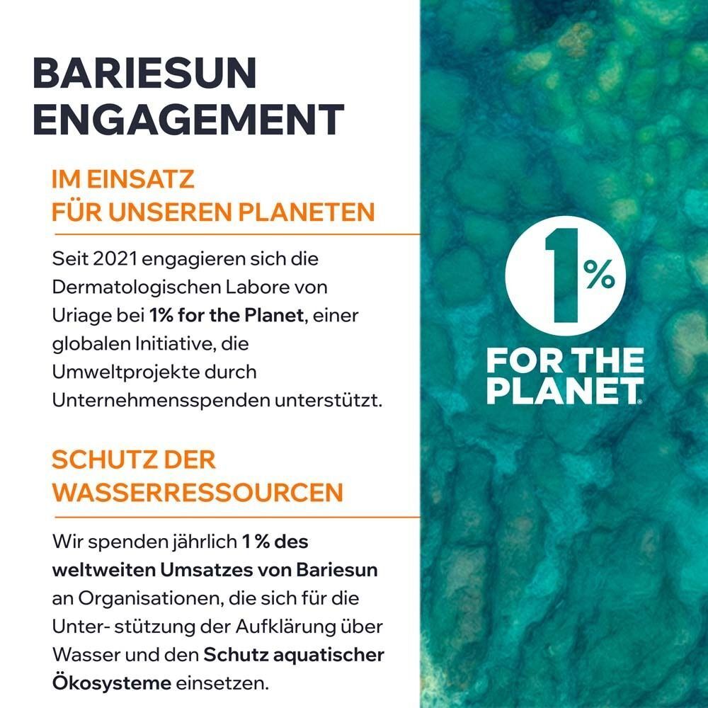 Text: Bariésun Engagement. 1% für den Planeten. Schutz der Wasserressourcen. Spenden für Umweltprojekte.