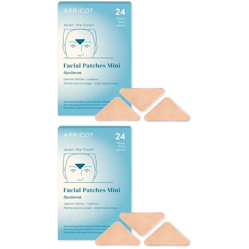 Zwei Packungen APRICOT Facial Patches Mini mit Hyaluron. Jede Packung enthält 24 Stück. Dreieckige Patches und Verpackung.